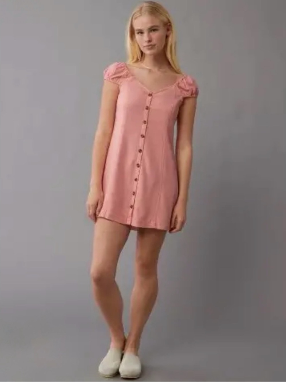 American Eagle Pink Solid V-Neck Puff Sleeve Button Front Lined Mini Dress XL